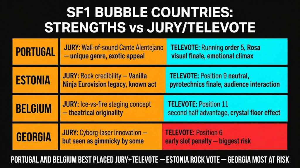 SF1 bubble countries strengths and weaknesses — Eurovision 2026 jury vs televote