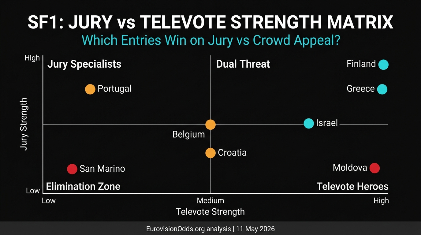 Eurovision 2026 SF1 jury vs televote strength matrix — all 15 entries