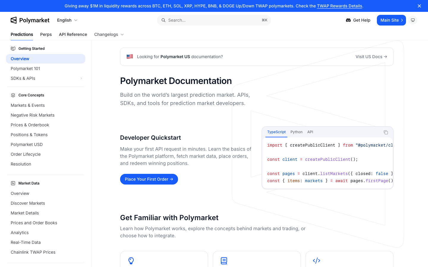 Polymarket's documentation site explaining how the platform, markets and resolution work