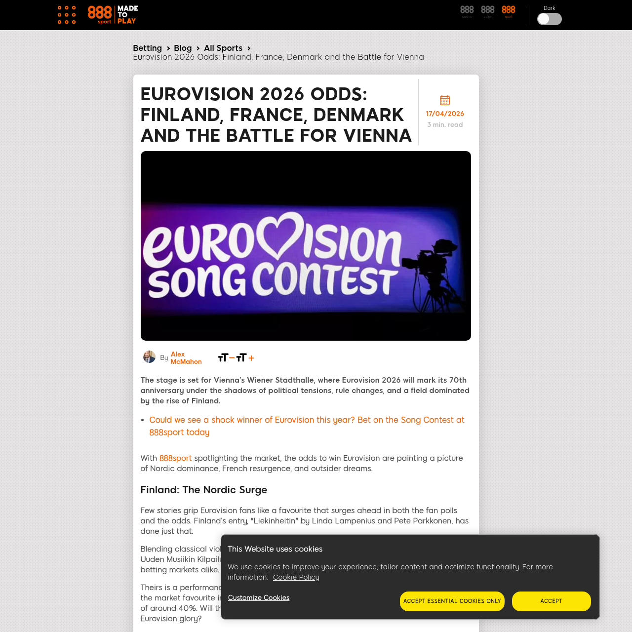 888sport Eurovision 2026 odds analysis