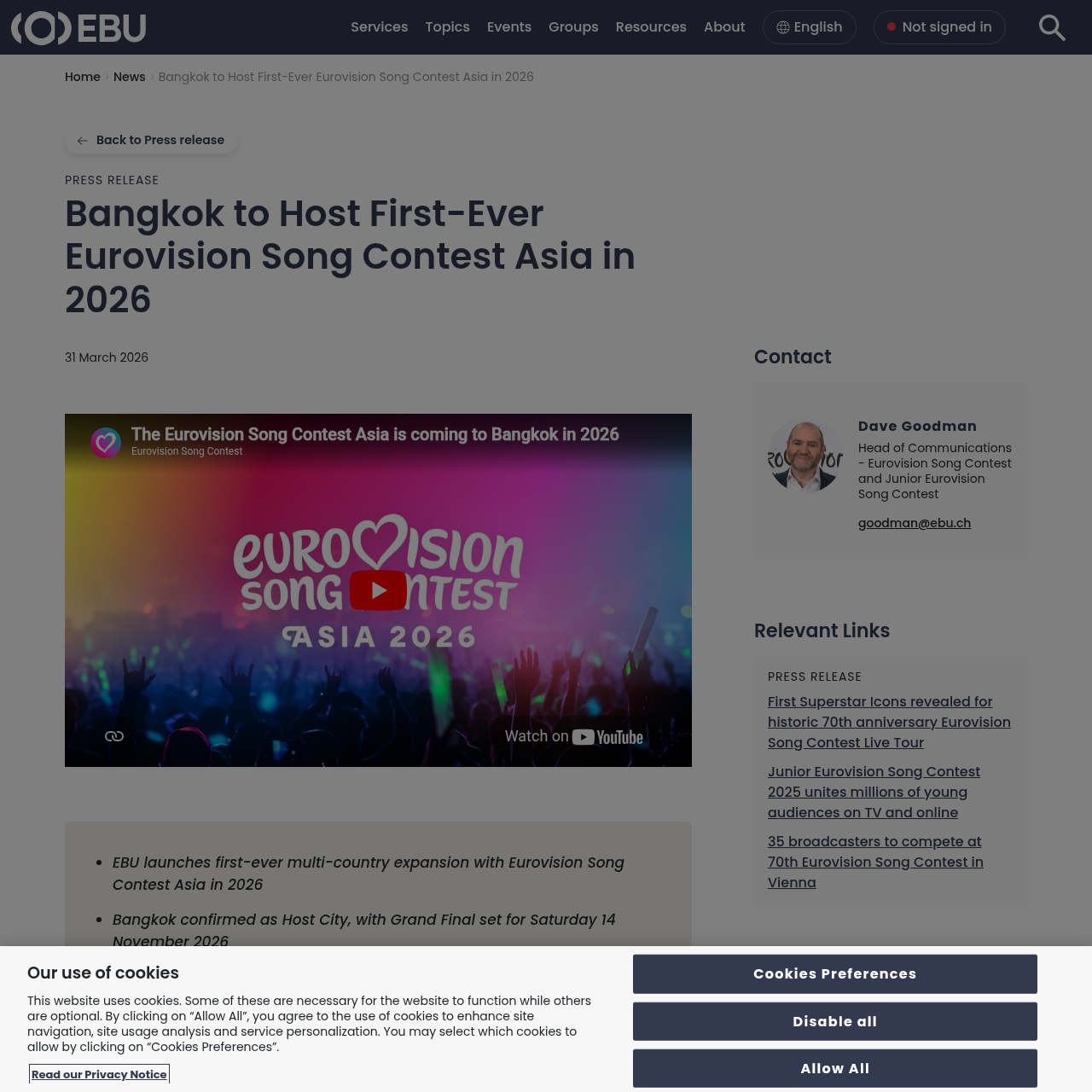 EBU official press release announcing Eurovision Song Contest Asia in Bangkok