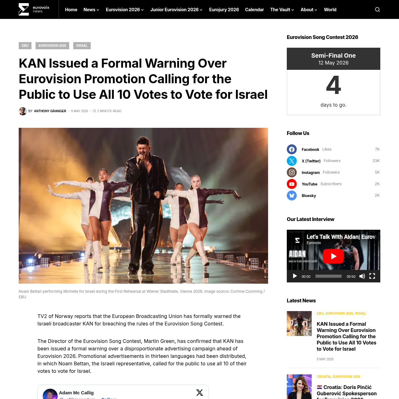 EBU formal warning to KAN over Eurovision 2026 promotion - Eurovoix coverage