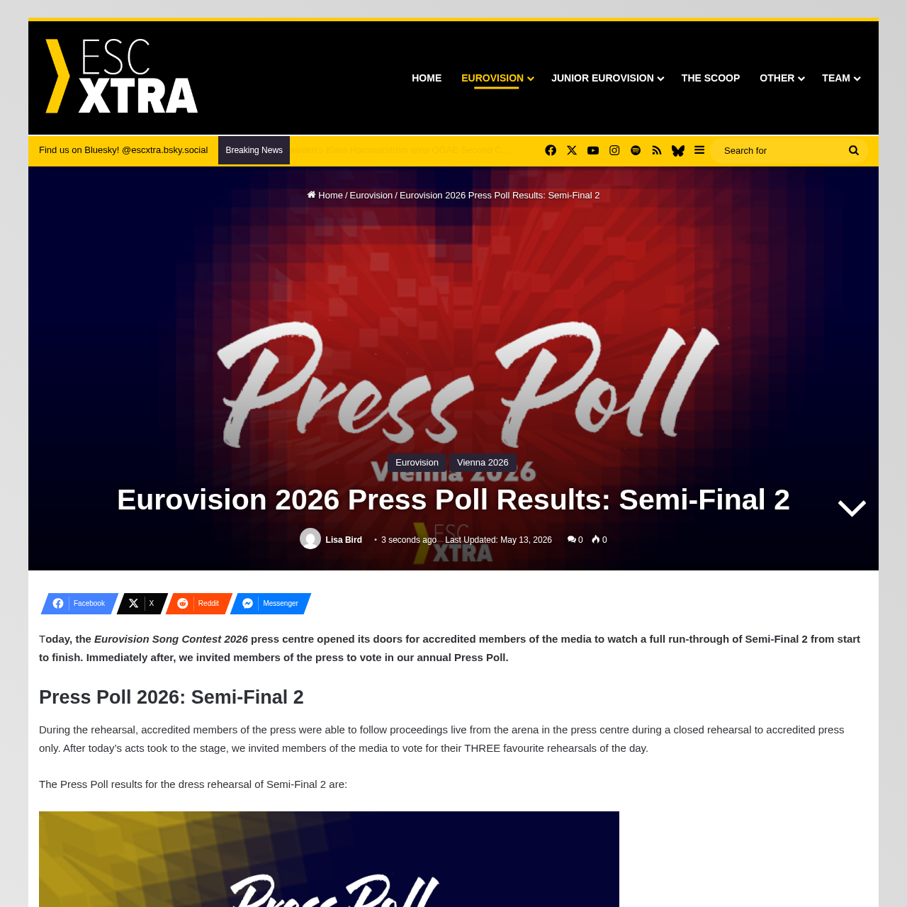 ESCxtra SF2 Press Poll results — 87 accredited journalists voted after dress rehearsal