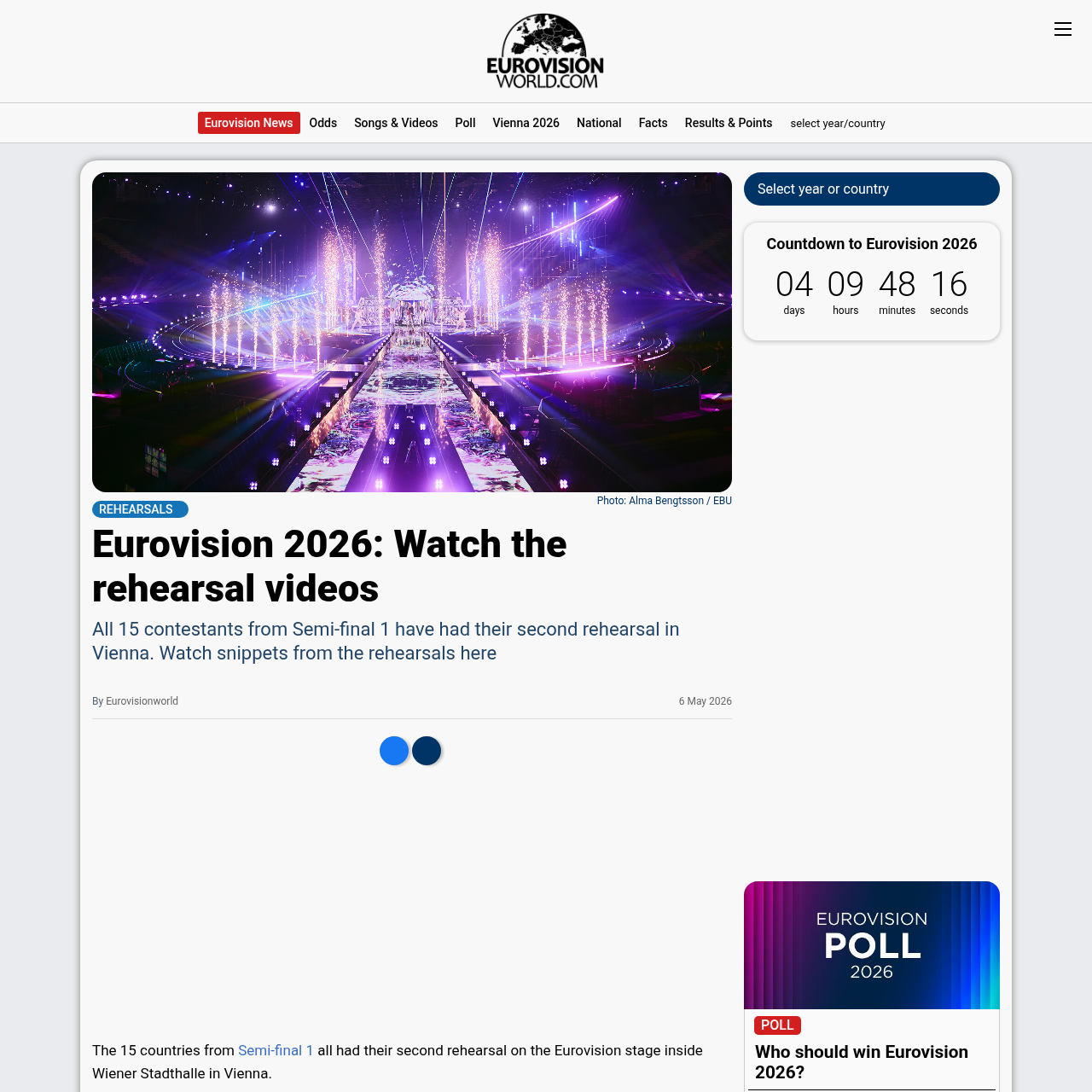 Eurovision 2026 rehearsal videos and running order coverage on Eurovision World