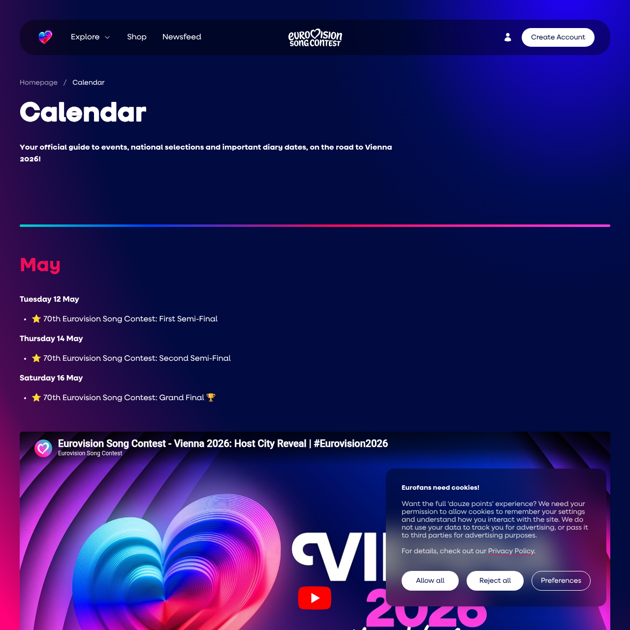 Official Eurovision 2026 calendar page