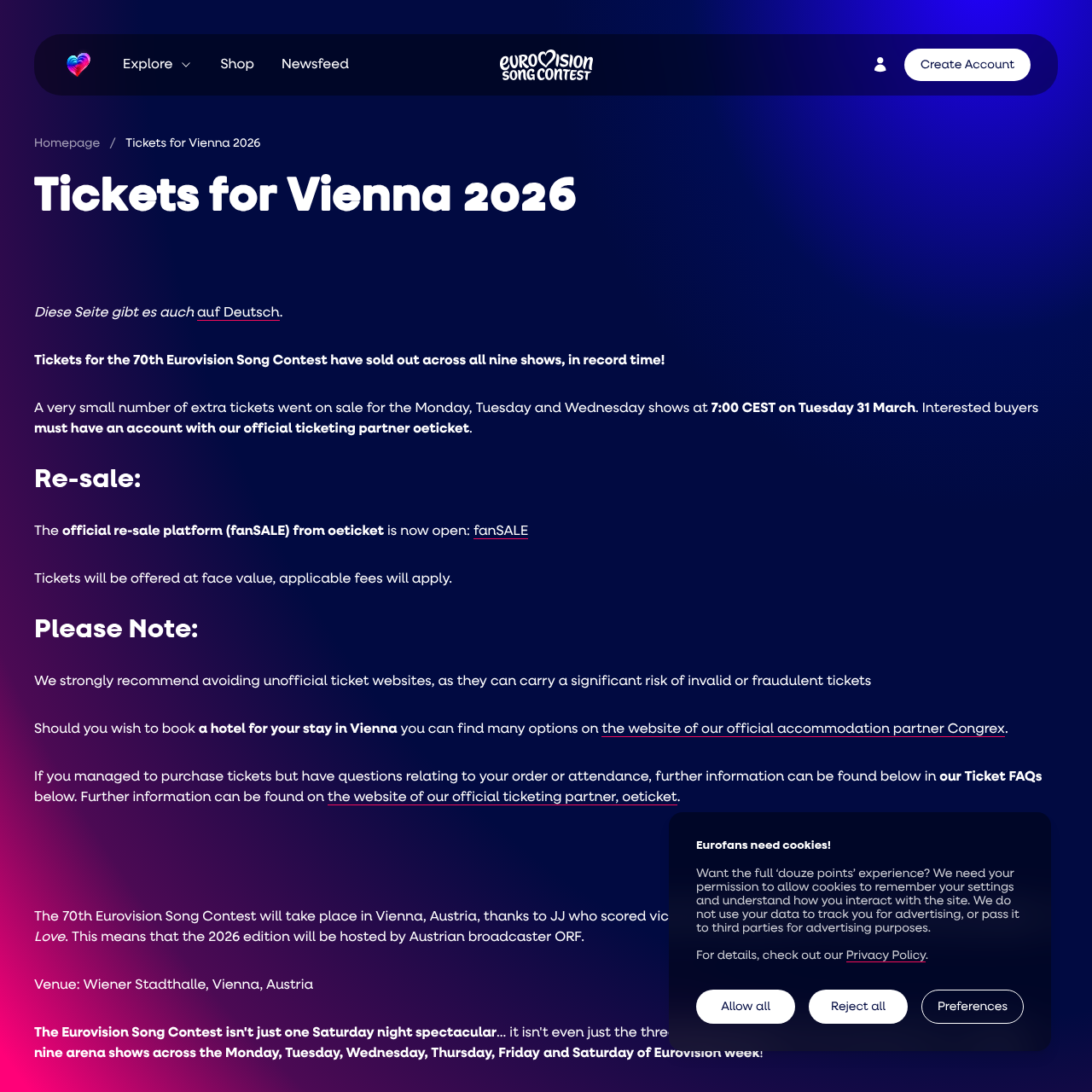 Official eurovision.com tickets page
