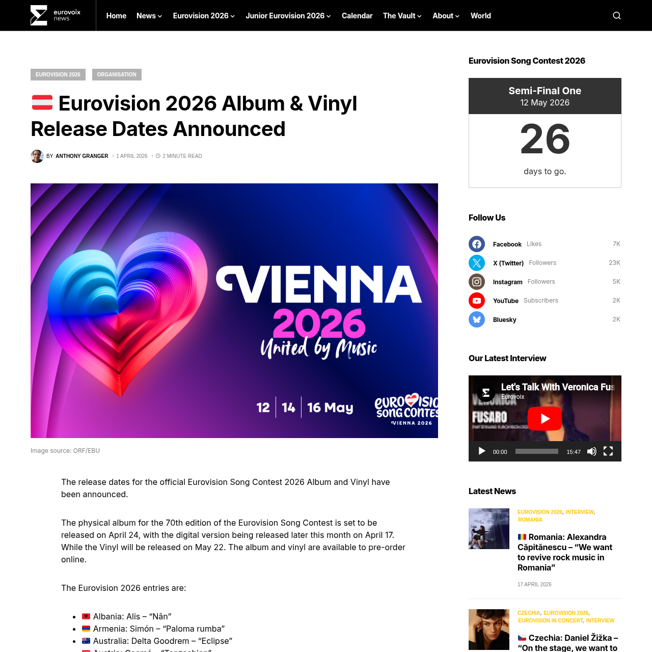 Eurovoix article announcing the Vienna 2026 album and vinyl release dates
