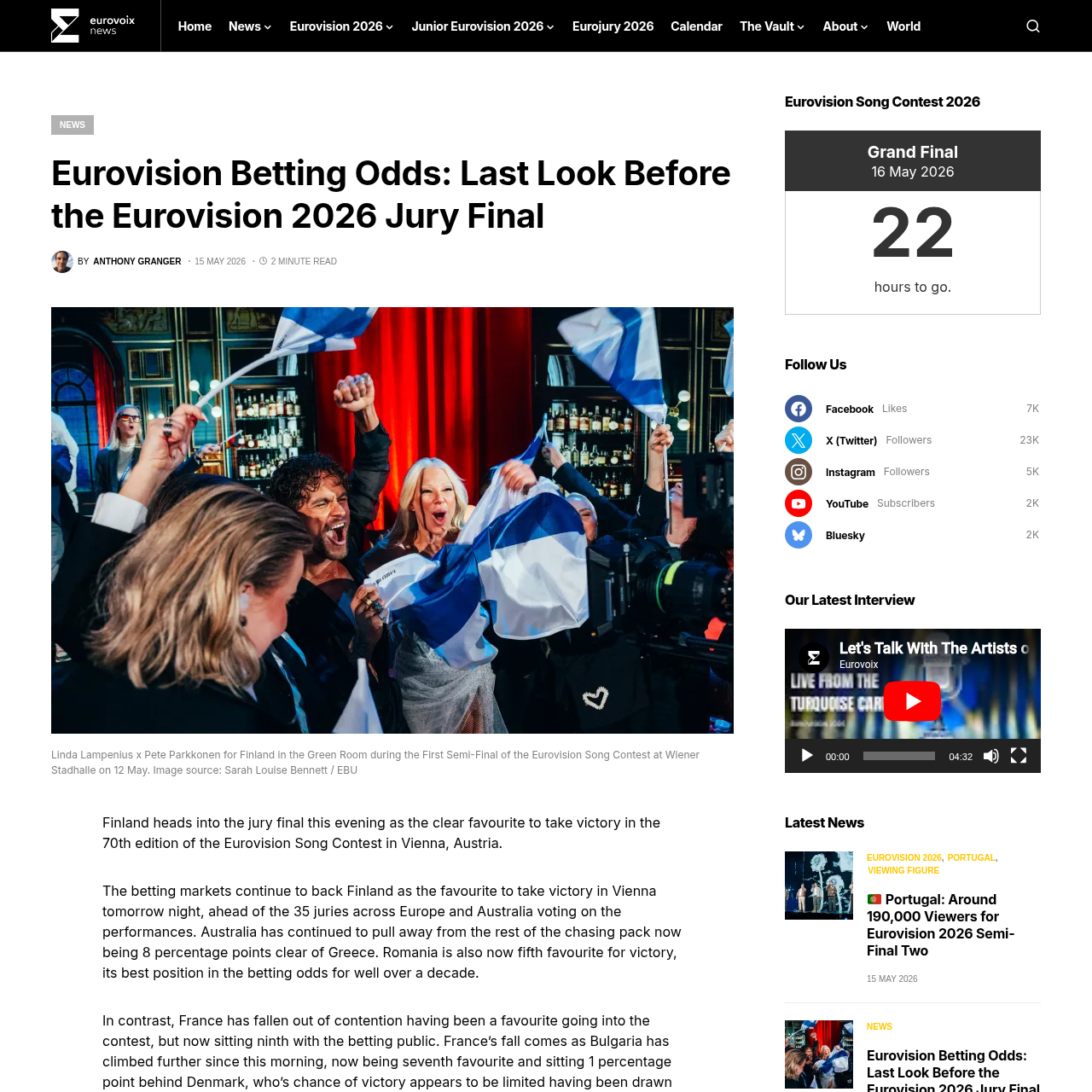 Eurovoix Eurovision 2026 betting odds May 15 jury final
