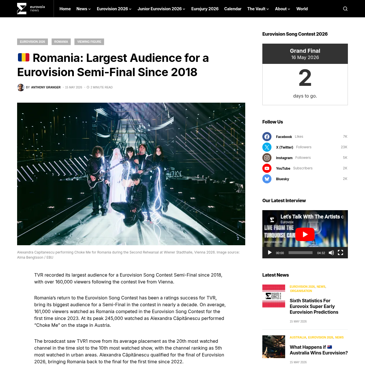 Eurovoix report: Romania largest Eurovision semi-final audience since 2018