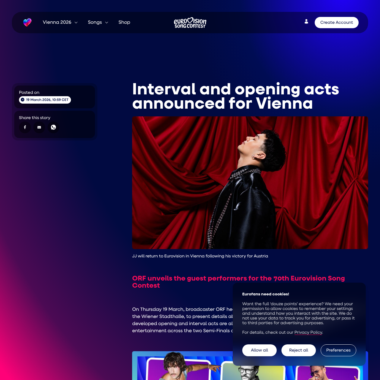 Eurovision.com announcing the confirmed interval act lineup for Vienna 2026