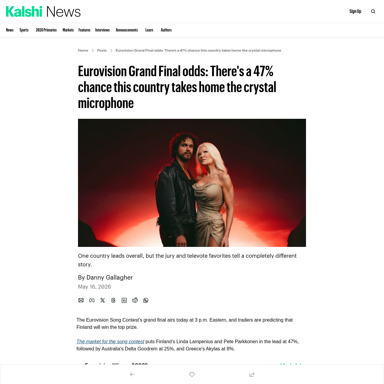 Kalshi Eurovision 2026 Grand Final prediction market odds screenshot