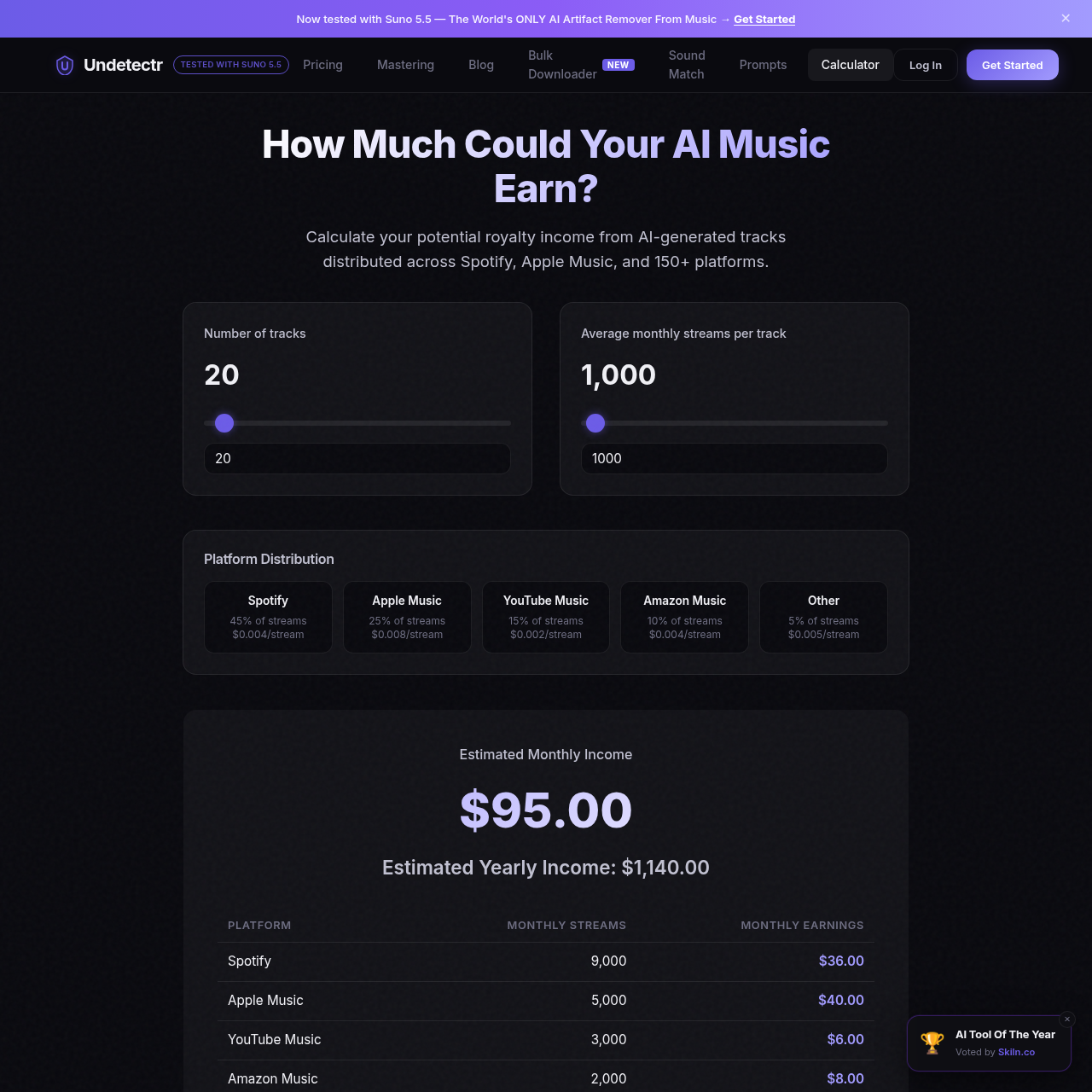 Undetectr AI music earnings calculator