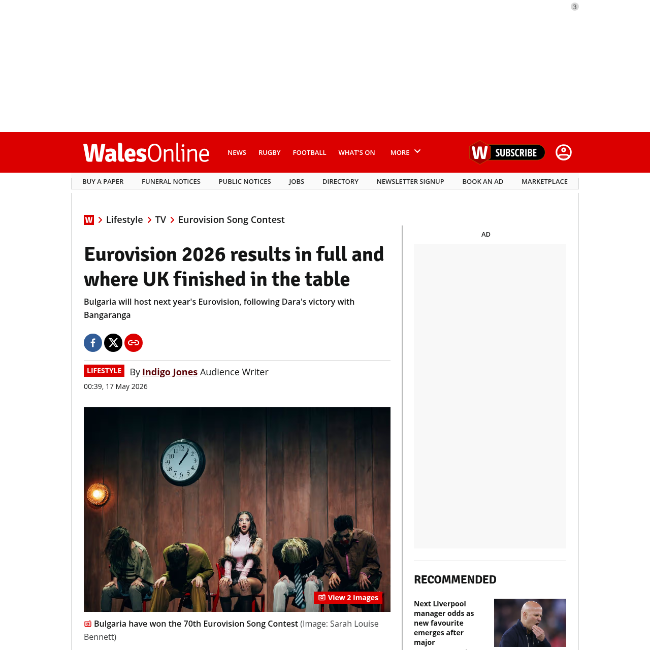Wales Online coverage of UK last place finish at Eurovision 2026 Grand Final with 1 point
