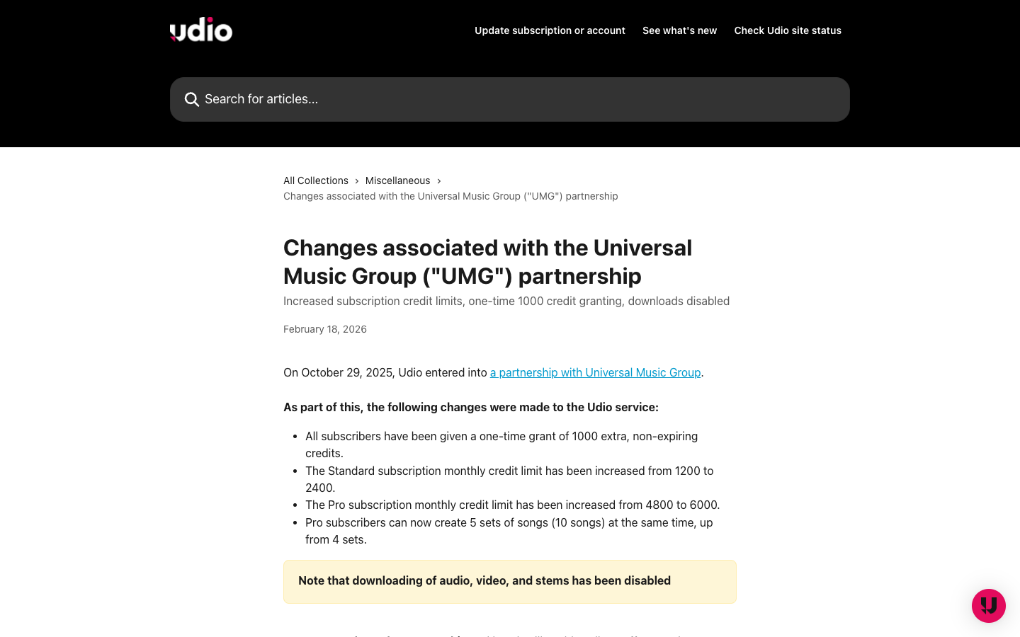 Udio help centre article stating that downloading of audio, video and stems has been disabled
