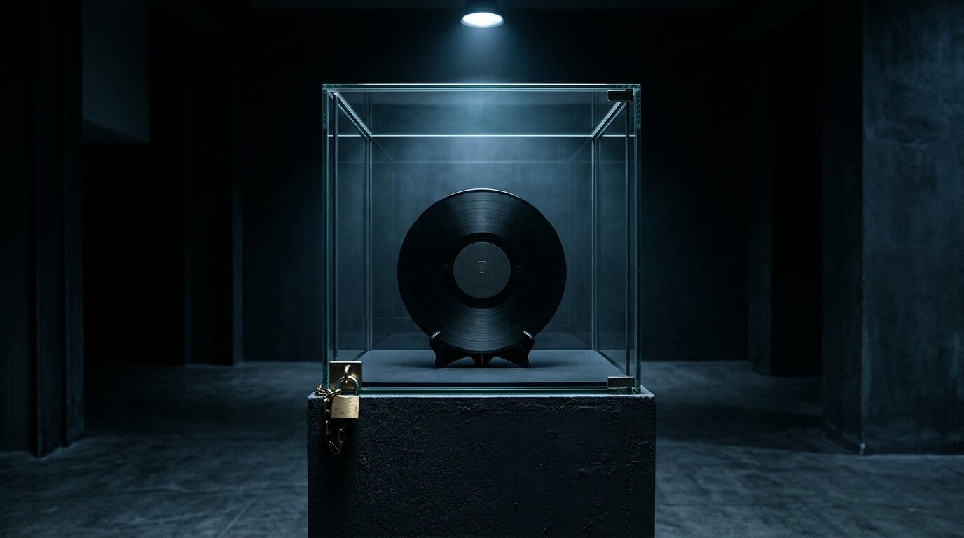 A vinyl record locked inside a glass display case, illustrating songs that cannot be downloaded