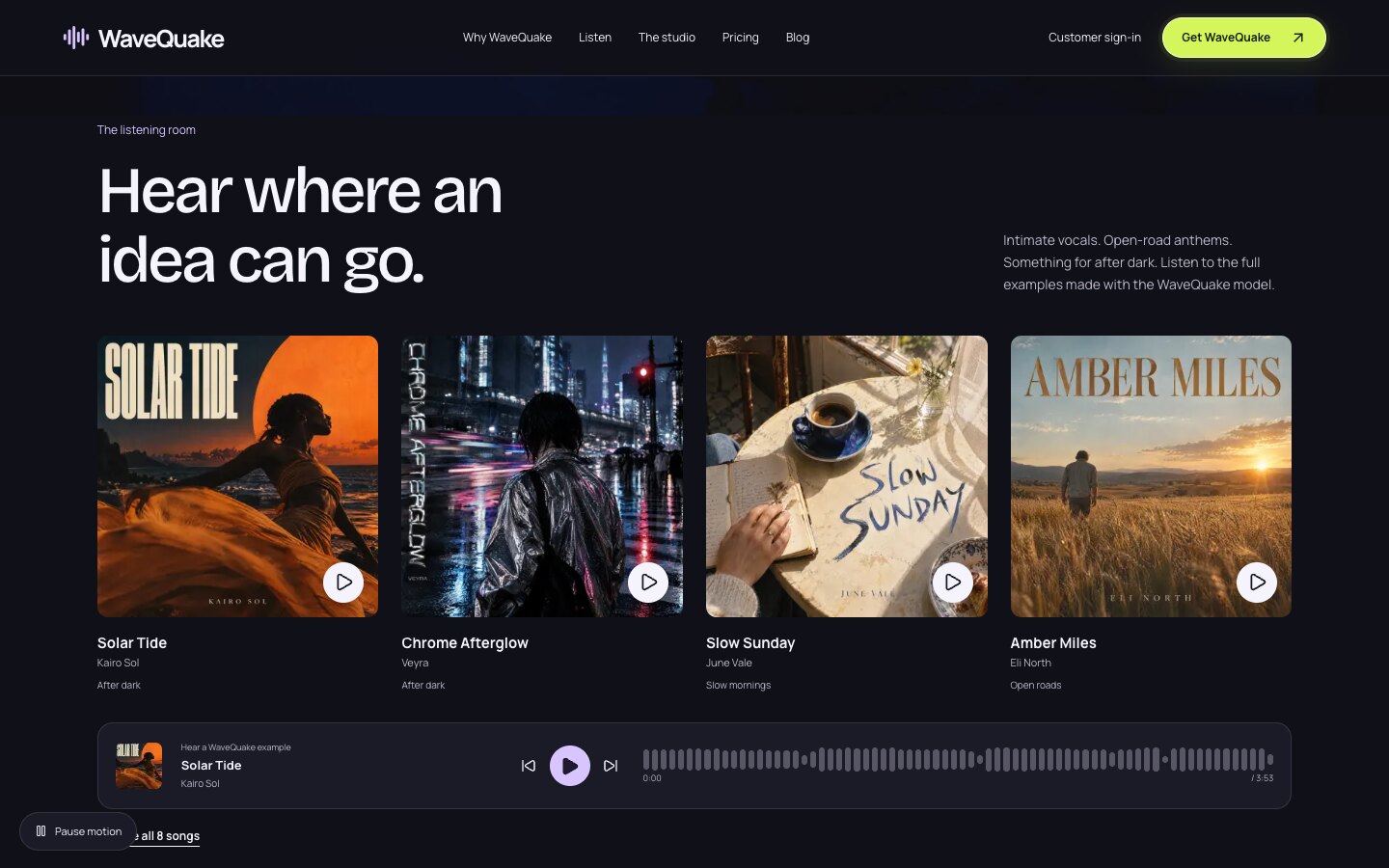The WaveQuake listening room with the example songs Solar Tide, Chrome Afterglow, Slow Sunday and Amber Miles
