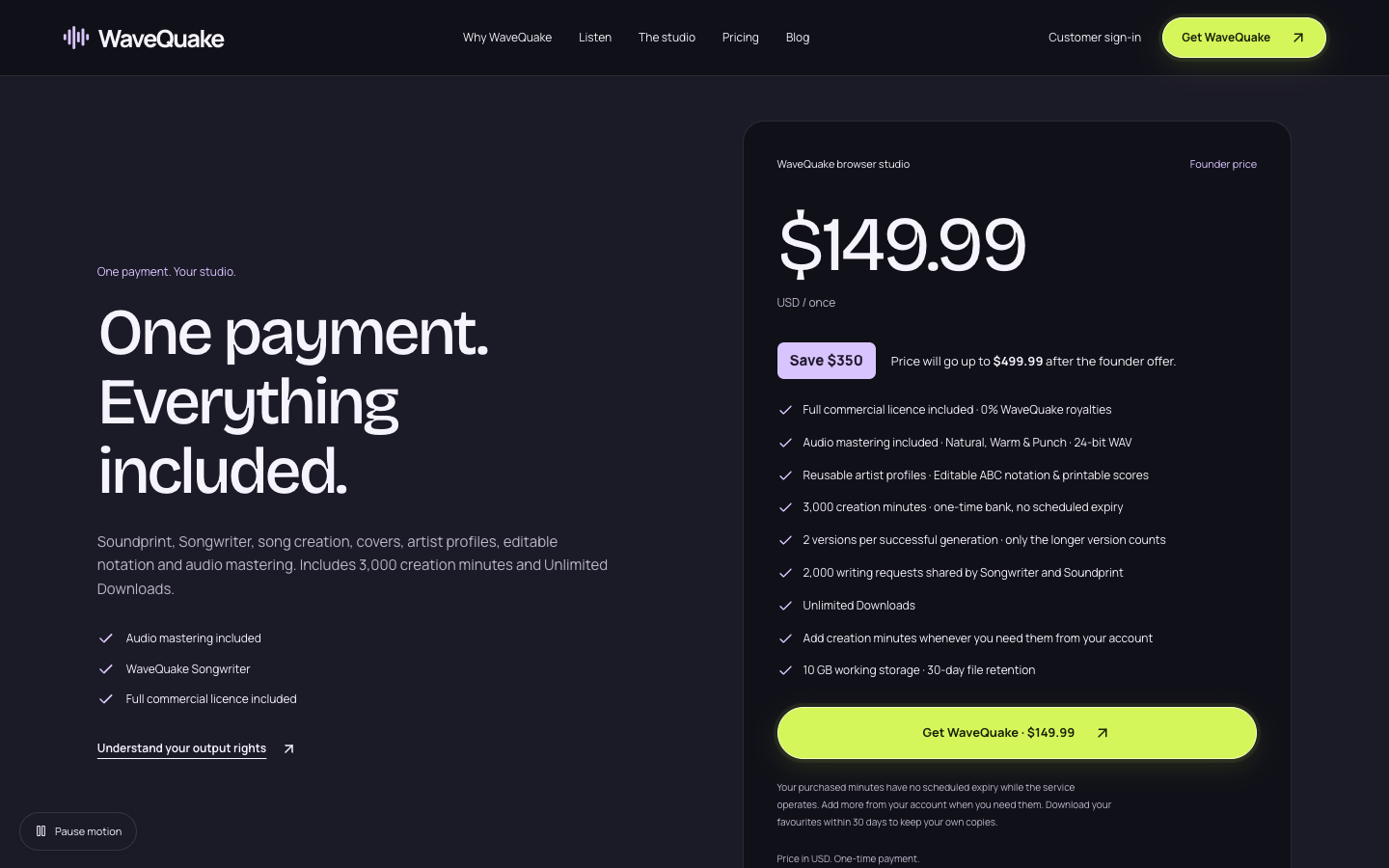 WaveQuake price card showing $149.99 once, the founder price, and what the plan includes