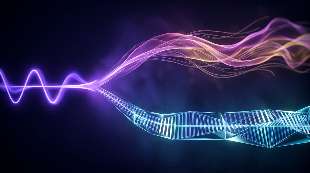 One wave splitting into two streams: organic flowing ribbons above, a rigid crystalline measurement lattice below